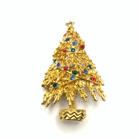 Vintage signed ART Gold tone Christmas Tree Brooch with Colorful rhinestones - Picture 1 of 5